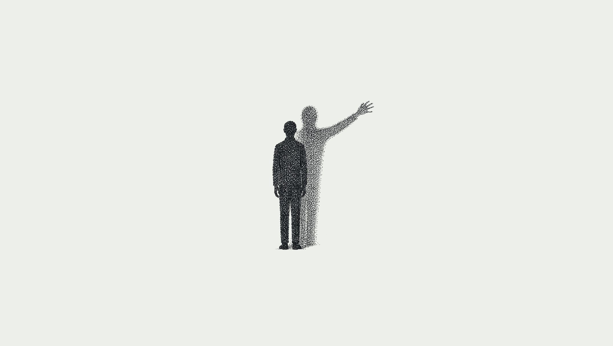 Ink drawing of a man standing still while his shadow reaches out toward empty space